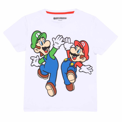 ** Nintendo Super Mario - Mario And Luigi Overprint (Unisex White T-Shirt) 3-4 Years ** White