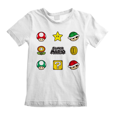 ** Nintendo Super Mario - Items (Unisex White T-Shirt) 12-13 Years ** White